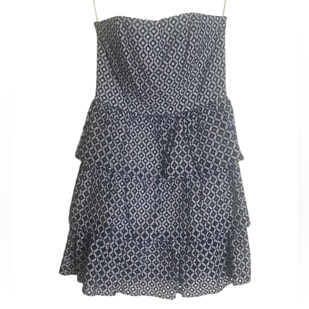 White House Black Market Strapless Navy Patterned Dress • NWT•